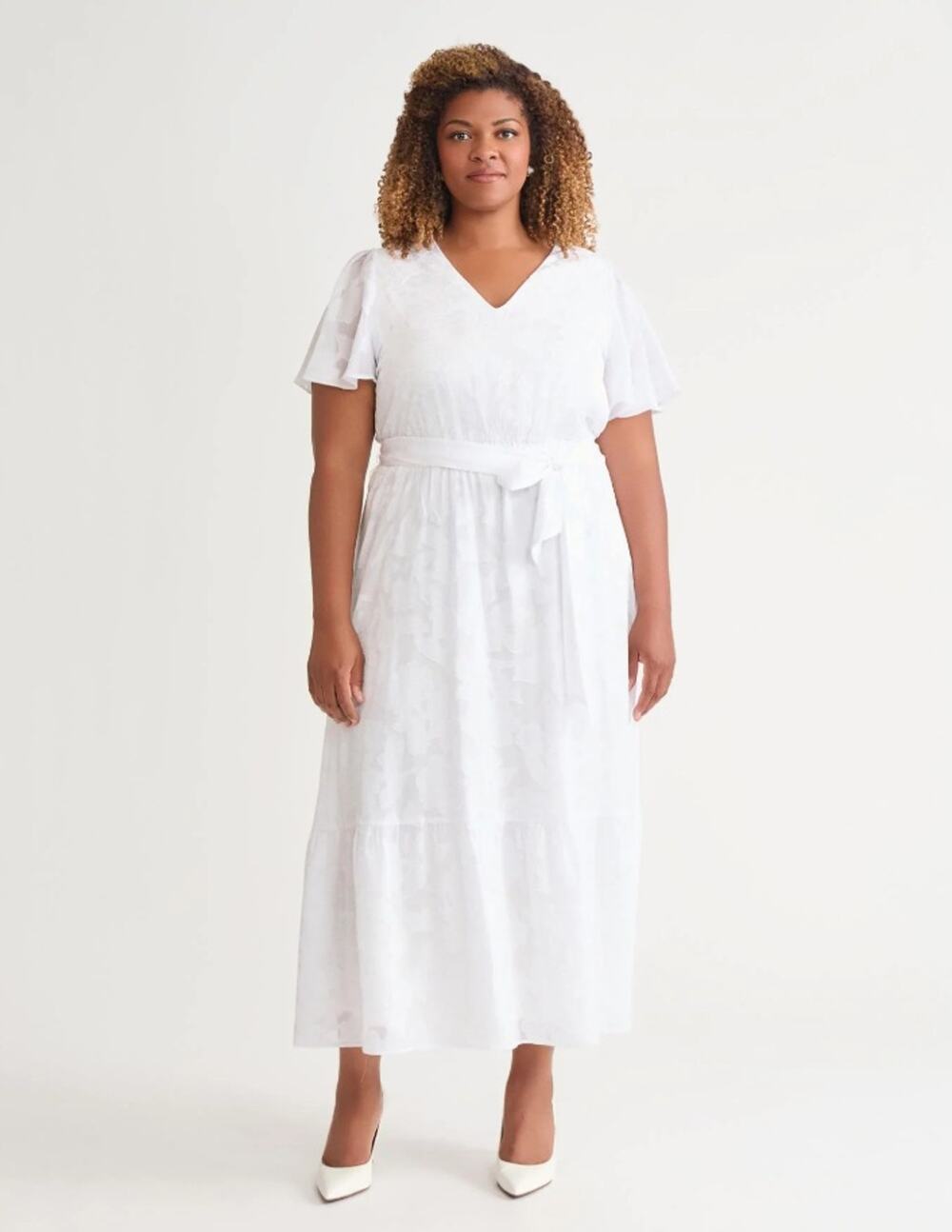 Kasper Women White Flutter-Sleeve Smock-Waist Fit & Flare Maxi Dress Size L